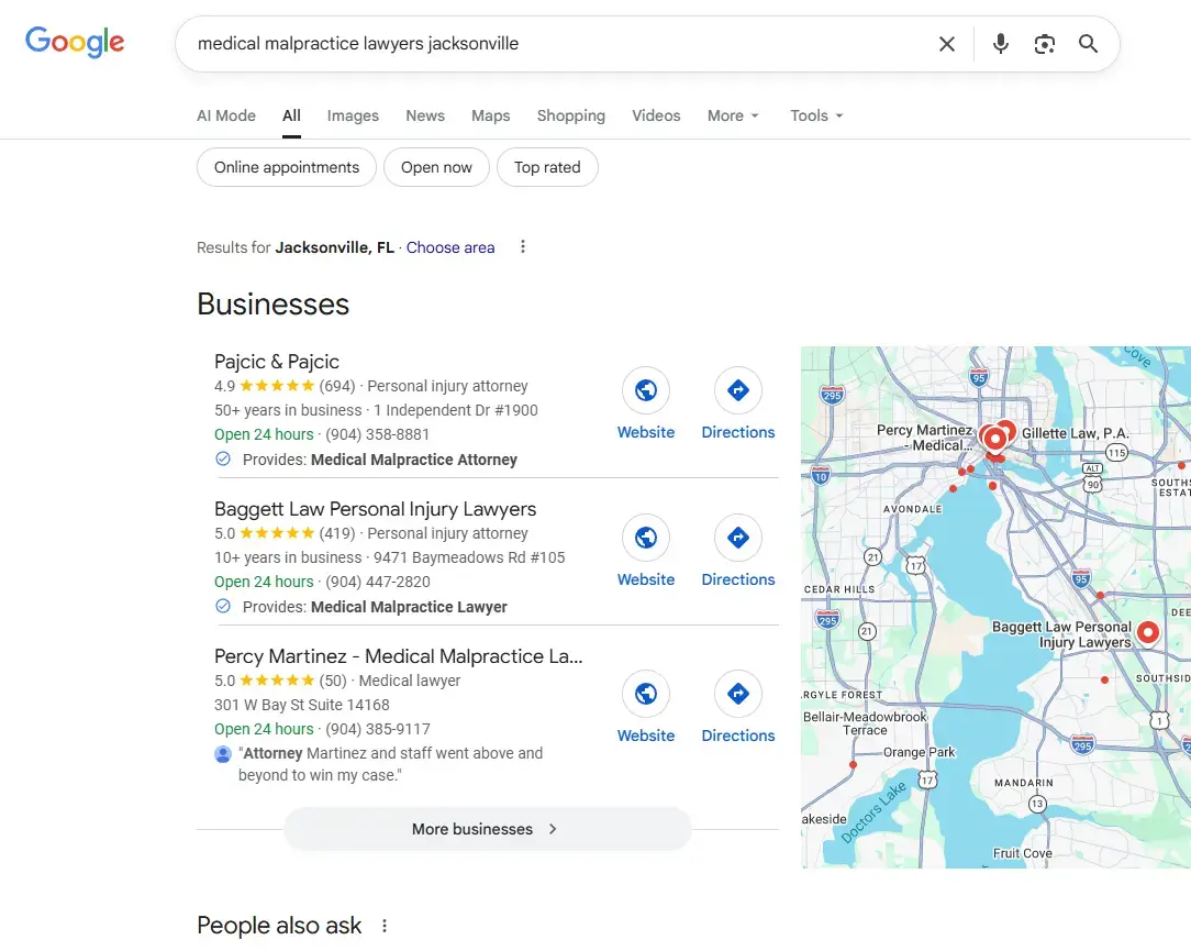 Percy Martinez P.A. live Google rankings in Jacksonville for medical malpractice queries