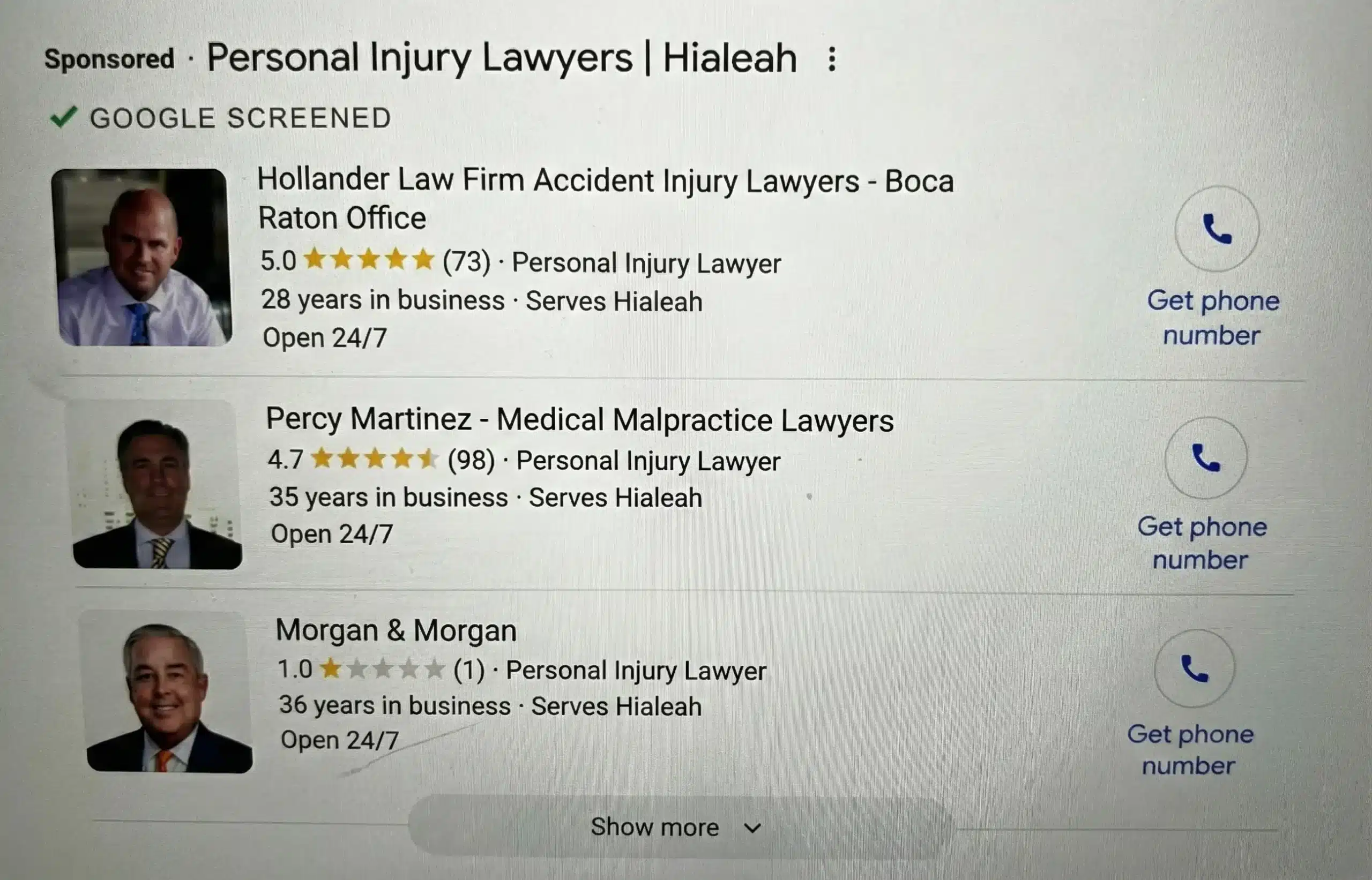 Hialeah Local Service Ads search result showing Percy Martinez P.A. ranking above Morgan and Morgan for medical malpractice queries