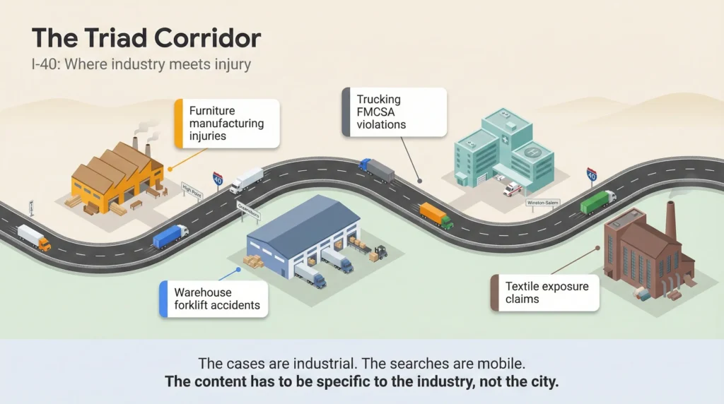Illustrated I-40 freight corridor showing the industrial injury types that drive legal demand across the Greensboro-Winston-Salem-High Point Triad.