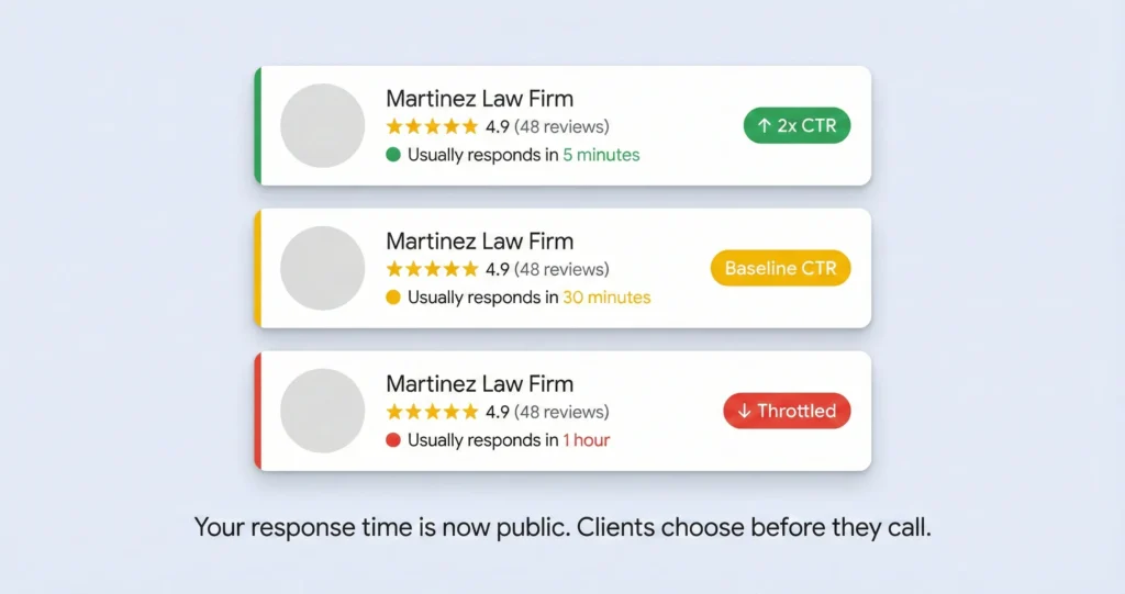 Three Google Local Services Ads mockups showing how different response times affect click-through rates from 5 minutes to 1 hour.