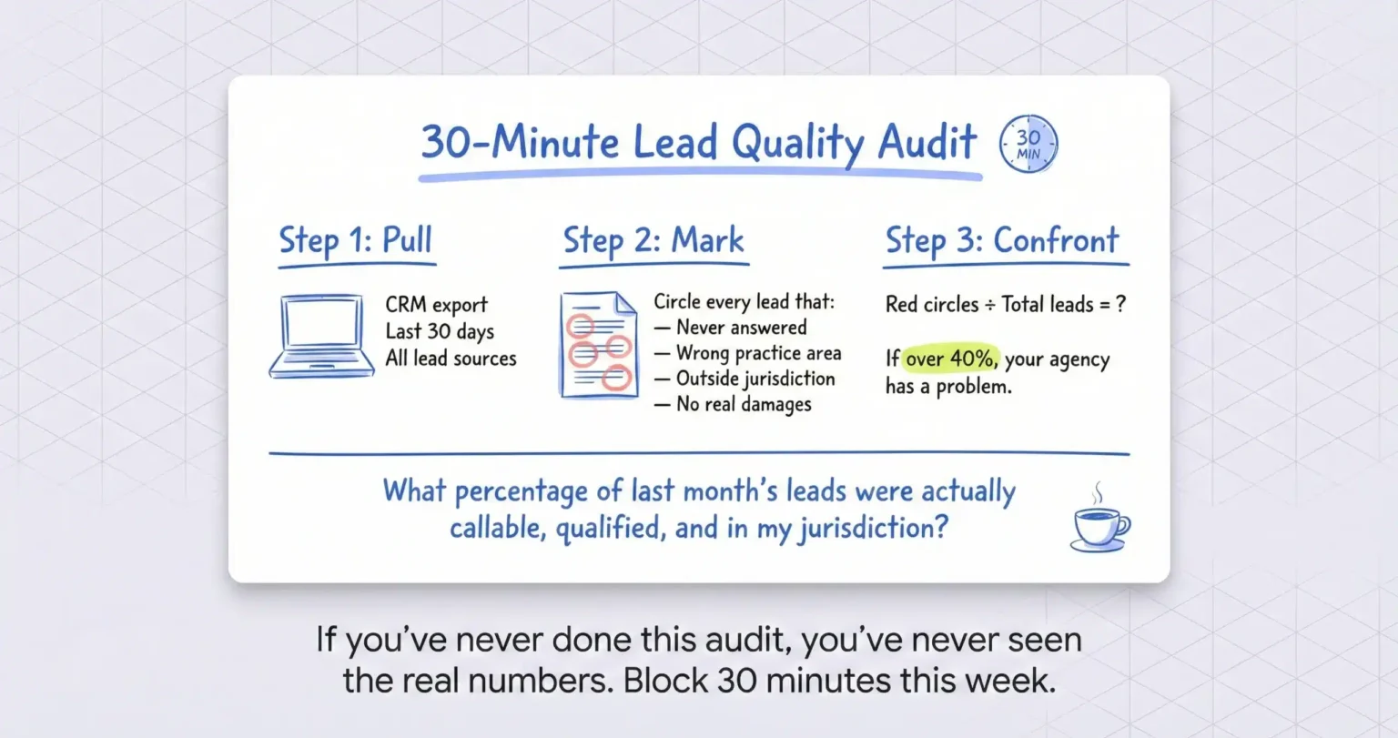 Conference table with laptop showing CRM data and a printed marketing report with red circles highlighting problem areas during a 30-minute lead quality audit.