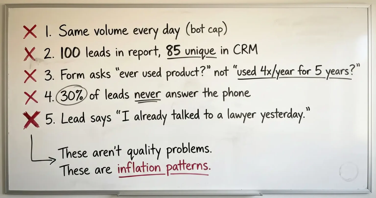 Whiteboard listing five forensic indicators that a law firm marketing agency is inflating lead numbers including bot traffic patterns, CRM duplication, simplified qualification forms, phantom leads, and resold contacts.