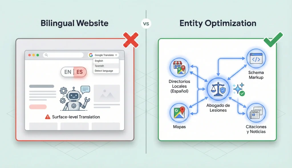 Comparison of basic translation versus Spanish entity optimization for Miami law firms