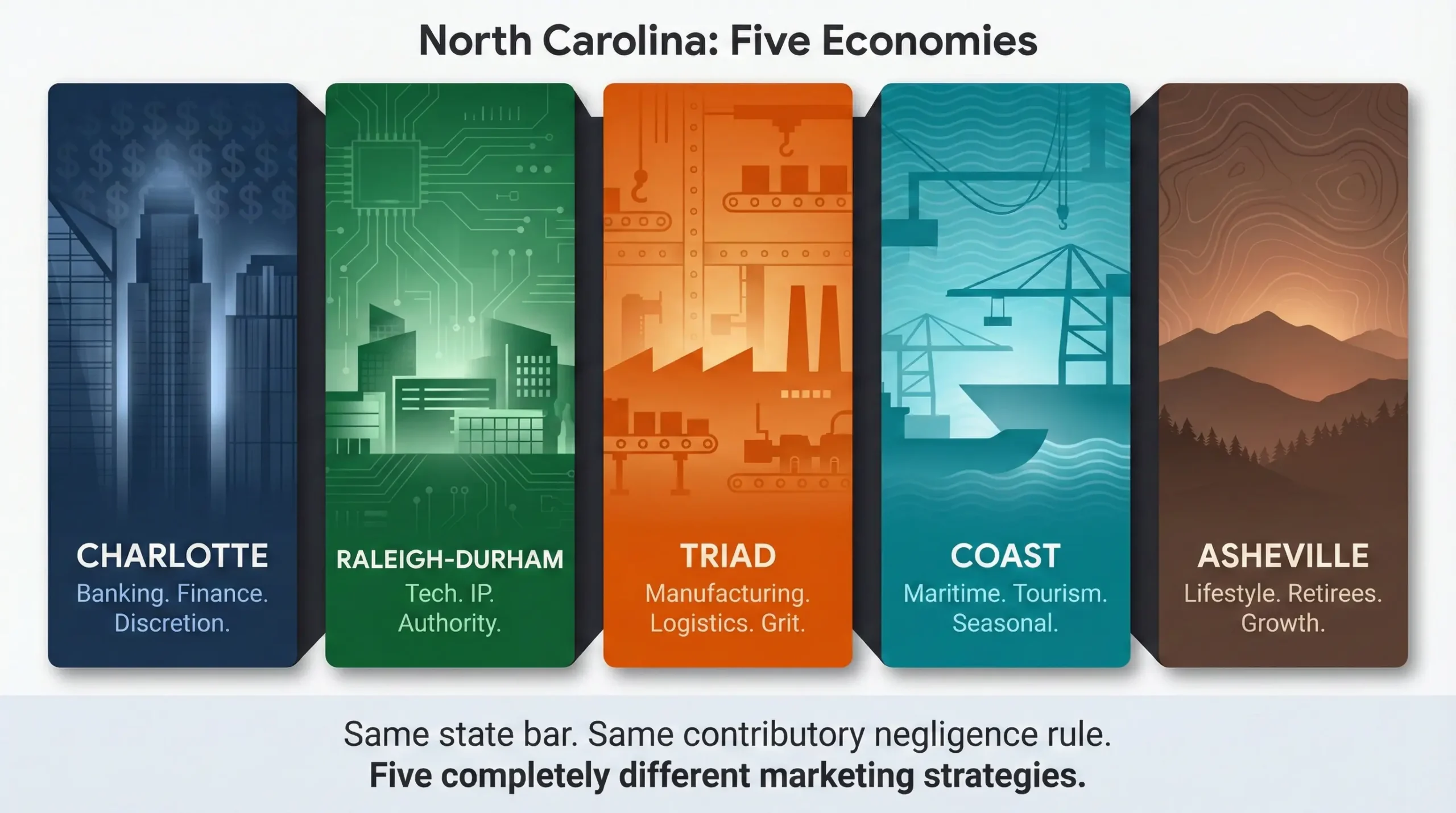 Five vertical panels representing North Carolina's five distinct legal economies from Charlotte banking to Asheville lifestyle, each with different visual textures and market descriptors.