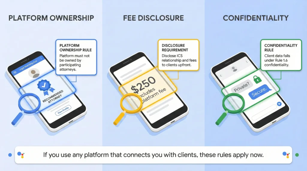 Annotated smartphone showing three compliance requirements under Illinois July 2025 ICS rules.