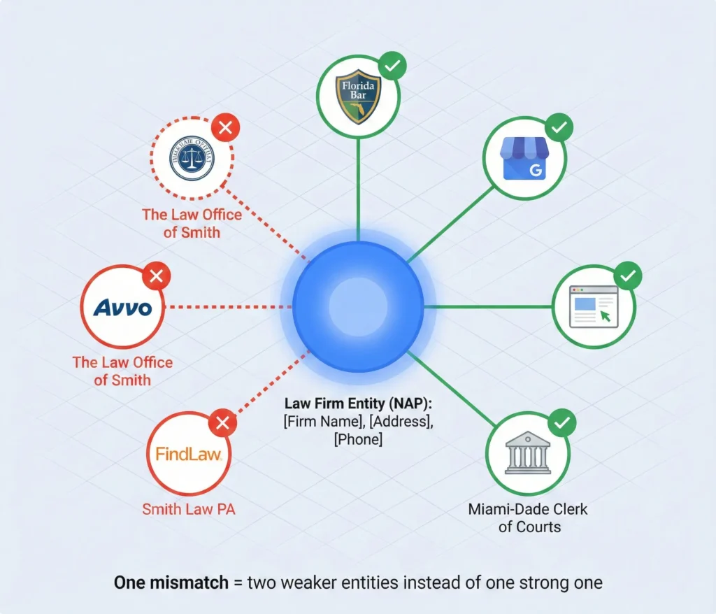 Hub-and-spoke diagram showing how AI systems cross-reference a law firm's name address and phone number across The Florida Bar, Google Business Profile, Avvo, and other platforms to verify entity authority.