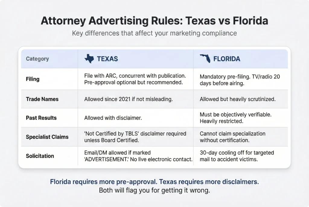 Side-by-side comparison table of Texas and Florida attorney advertising rules across five categories — Filing requirements showing Texas allows concurrent filing with optional pre-approval while Florida mandates pre-filing with 20-day advance for broadcast, Trade Names showing both states allow them with Texas more permissive since 2021, Past Results showing Texas allows with disclaimer while Florida heavily restricts to objectively verifiable claims, Specialist Claims showing Texas requires TBLS disclaimer while Florida prohibits specialization claims without certification, and Solicitation showing Texas allows marked email/DM while Florida requires 30-day cooling off for accident victim mailings.