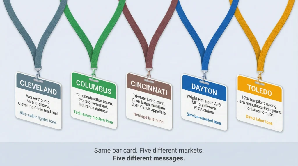 Five conference-style city badges for Cleveland, Columbus, Cincinnati, Dayton, and Toledo, each showing the distinct legal vocabulary and marketing tone for that Ohio market.