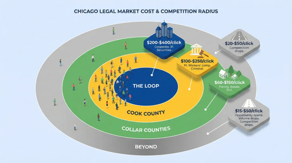 Concentric ring diagram showing how legal ad costs decrease with distance from downtown Chicago.