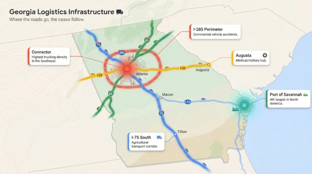 Aerial illustration of Georgia showing interstate convergence on Atlanta and the Port of Savannah, with callouts showing how logistics infrastructure drives case volume.