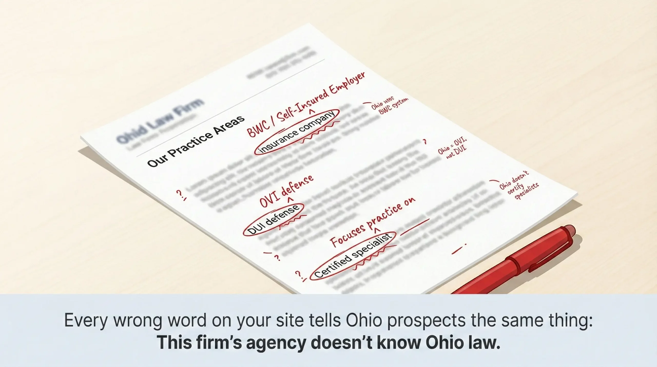 Law firm marketing page with red editorial corrections showing three common vocabulary errors that signal an agency doesn't understand Ohio's legal system.
