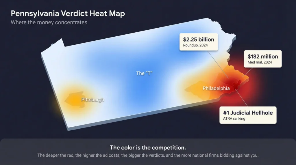  Heat map of Pennsylvania showing verdict concentration from deep red in Philadelphia to cool blue in rural central Pennsylvania.