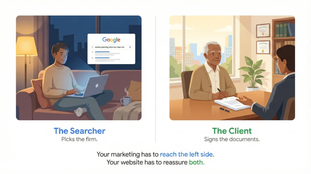 Split illustrated image showing a person in their late 40s sitting on a couch at night with a laptop searching "estate planning attorney near me" on the left labeled "The Searcher — Picks the firm" and a person in their 70s sitting across a desk from an attorney on the right labeled "The Client — Signs the documents" illustrating that estate planning marketing must reach the adult child who researches while the website must reassure both the searcher and the elderly parent who ultimately signs.