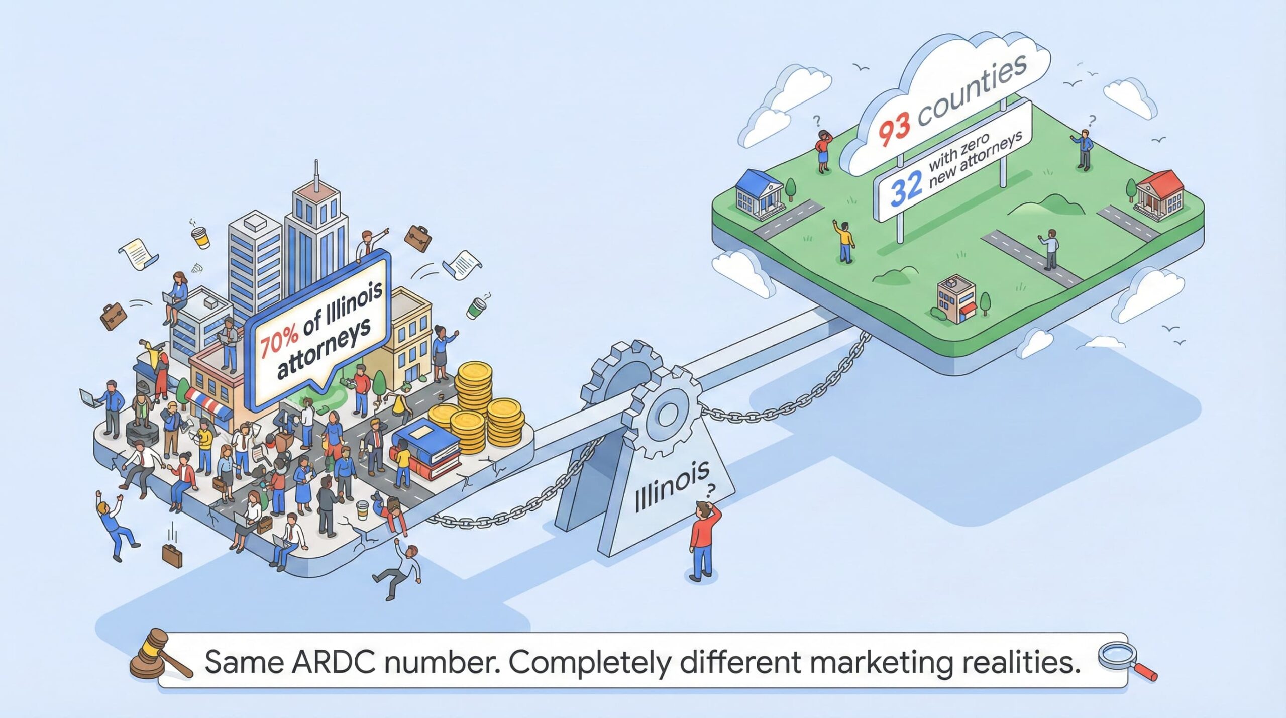 Split-panel showing concentration of 70% of Illinois attorneys in Cook County versus sparse distribution across 93 remaining counties.