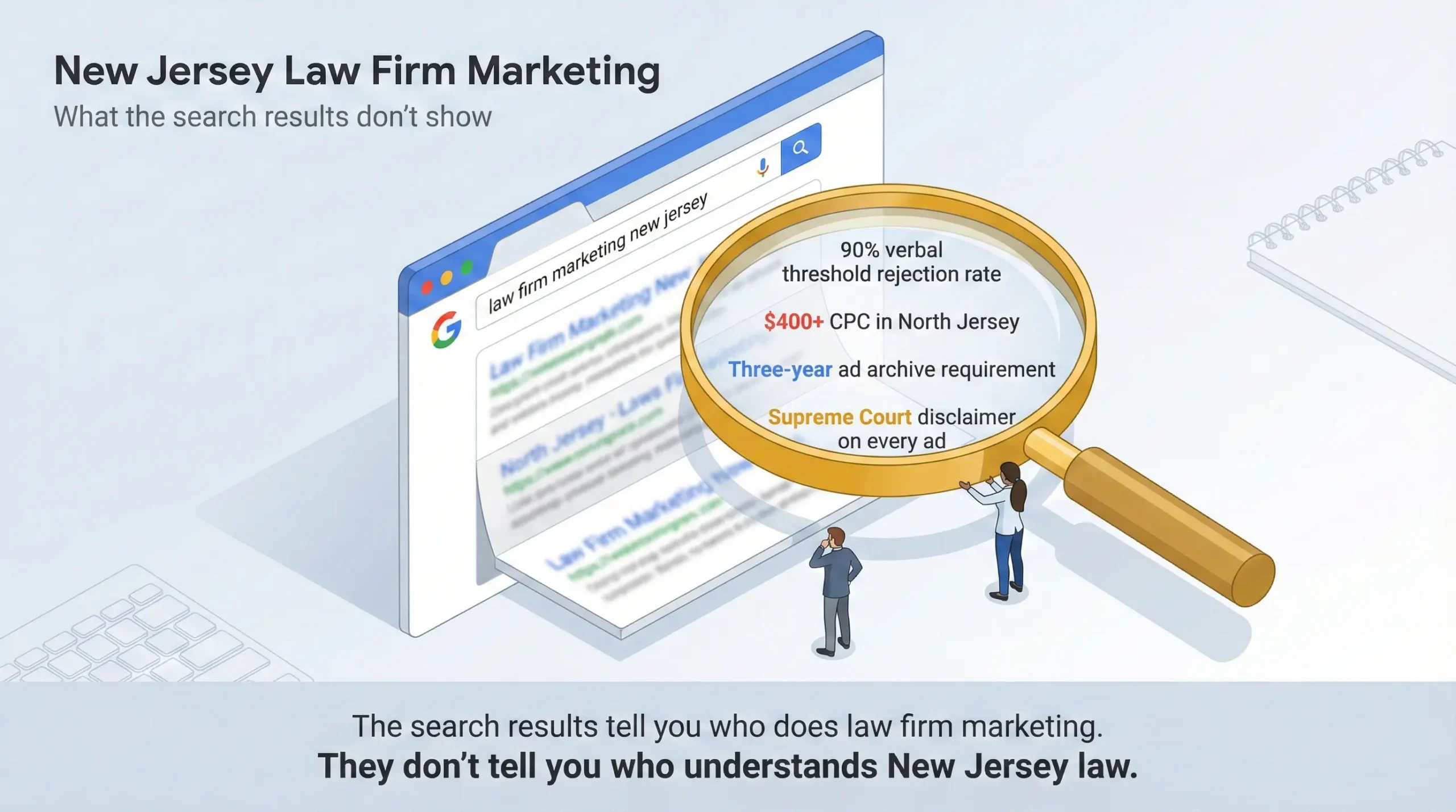 Illustrated Google search results page with a magnifying glass revealing the hidden statutory and regulatory challenges underneath generic law firm marketing results for New Jersey.