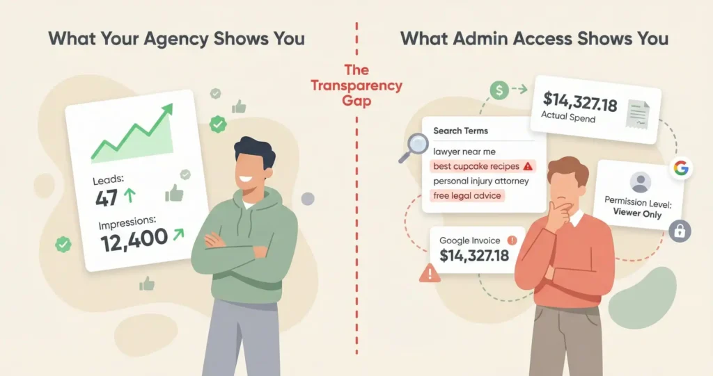 Side-by-side comparison of a simplified agency dashboard versus actual Google Ads admin access, showing the data gap between what agencies report and what full access reveals.