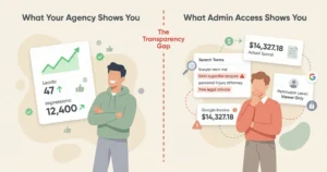 Side-by-side comparison of a simplified agency dashboard versus actual Google Ads admin access, showing the data gap between what agencies report and what full access reveals.