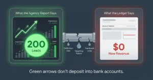 Split-screen graphic showing the disconnect between a marketing agency's green performance dashboard reporting 200 leads and a law firm's flat bank statement showing zero new revenue from those leads.