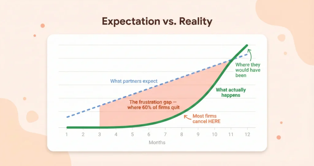 Chart comparing partner expectations of linear marketing growth against the actual hockey-stick curve of law firm SEO, showing the frustration gap between months three and eight where most firms abandon their strategy.