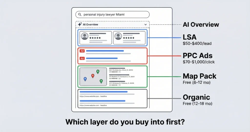 nnotated Google search results page showing LSA, PPC, Map Pack, and organic result positions with cost ranges for each channel.