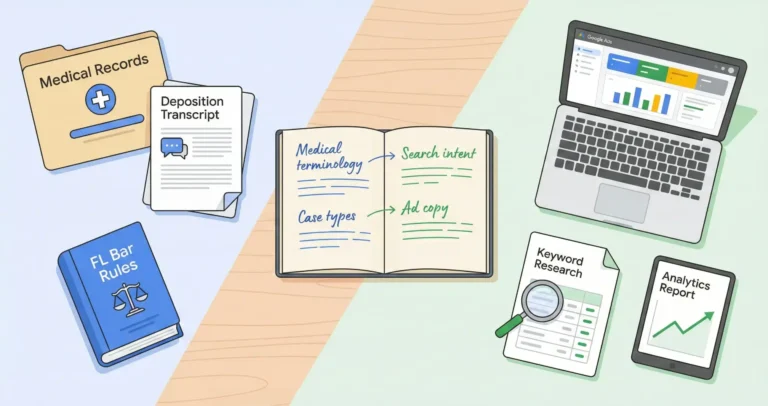 Paralegal workspace with medical records, deposition transcript, and Florida Bar advertising rules handbook merging diagonally into digital marketing workspace with Google Ads dashboard, keyword research tool, and analytics report, connected by an open notebook showing handwritten notes that bridge legal terms to marketing keywords.