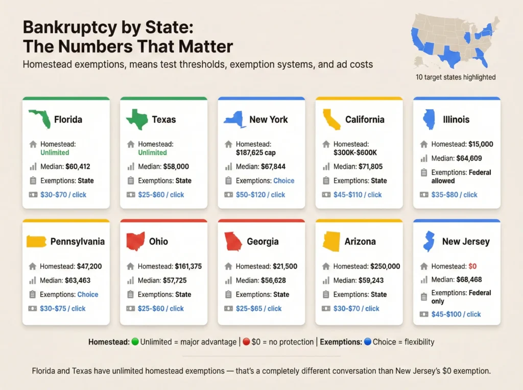 Grid of ten state cards showing bankruptcy marketing data for Florida, Texas, New York, California, Illinois, Pennsylvania, Ohio, Georgia, Arizona, and New Jersey, each displaying homestead exemption amounts (unlimited in Florida and Texas, $0 in New Jersey), median income thresholds for the means test, whether the state uses federal or state exemptions, and average cost per click ranges, with a small US map highlighting all ten states to illustrate dramatic state-by-state variation in bankruptcy protections and advertising costs.