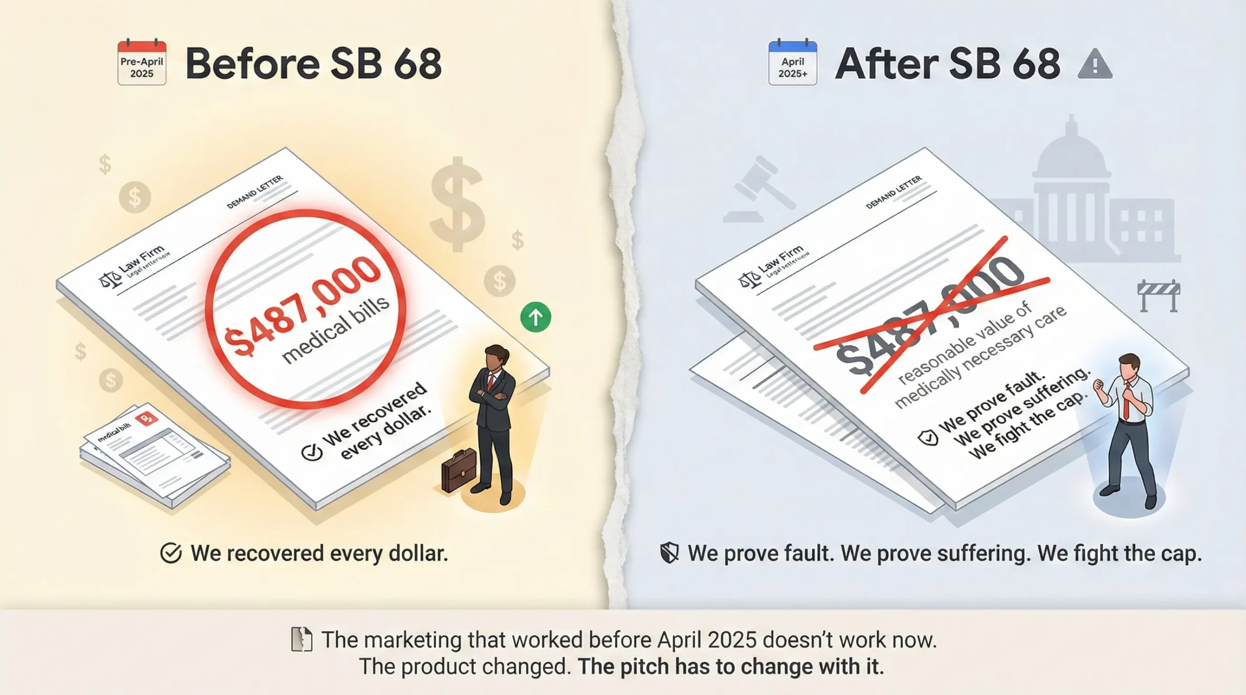 Before-and-after illustration showing how Georgia's 2025 tort reform changed settlement demand strategy from inflated medical bills to reasonable value standards.