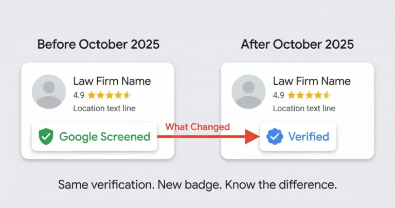 Side-by-side comparison of Google Local Services Ads showing the deprecated Google Screened badge versus the new Google Verified checkmark after October 2025 change.