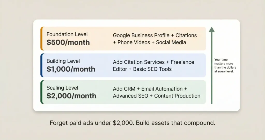 Three-tier budget breakdown for solo attorney marketing showing organic strategies at $500, $1,000, and $2,000 per month emphasizing sweat equity over paid advertising.