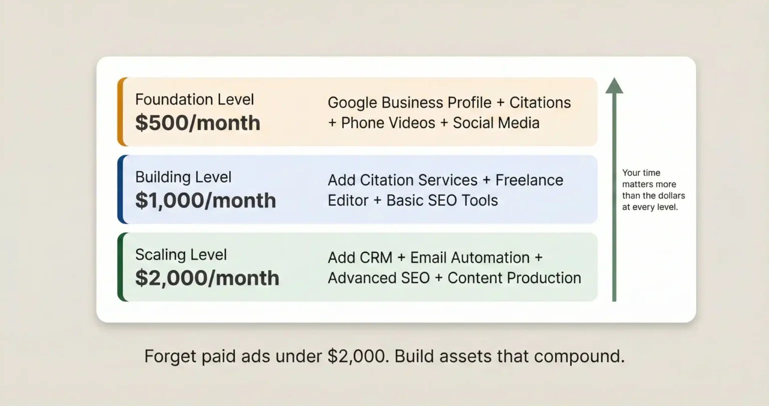 Three-tier budget breakdown for solo attorney marketing showing organic strategies at $500, $1,000, and $2,000 per month emphasizing sweat equity over paid advertising.