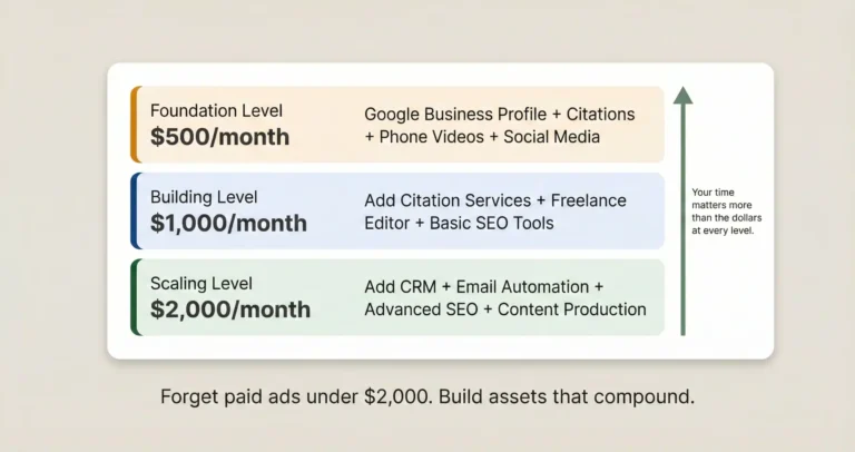 Three-tier budget breakdown for solo attorney marketing showing organic strategies at $500, $1,000, and $2,000 per month emphasizing sweat equity over paid advertising.