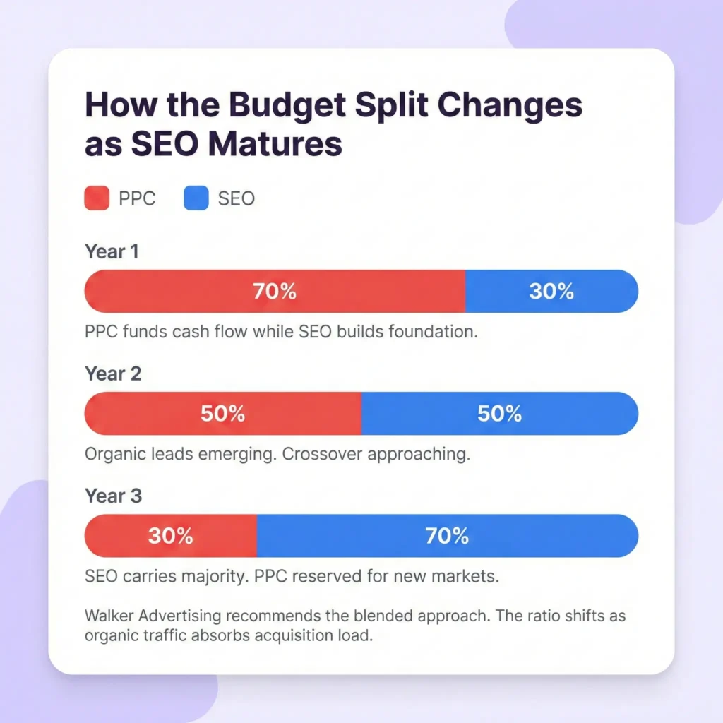 Three horizontal stacked bar charts showing law firm marketing budget allocation shifting from 70 percent PPC and 30 percent SEO in year one to 30 percent PPC and 70 percent SEO by year three as organic search absorbs lead generation.