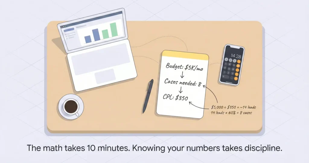 Overhead photo of attorney desk with laptop dashboard, phone calculator, and handwritten marketing budget calculations on legal pad showing cost per lead and cases needed.
