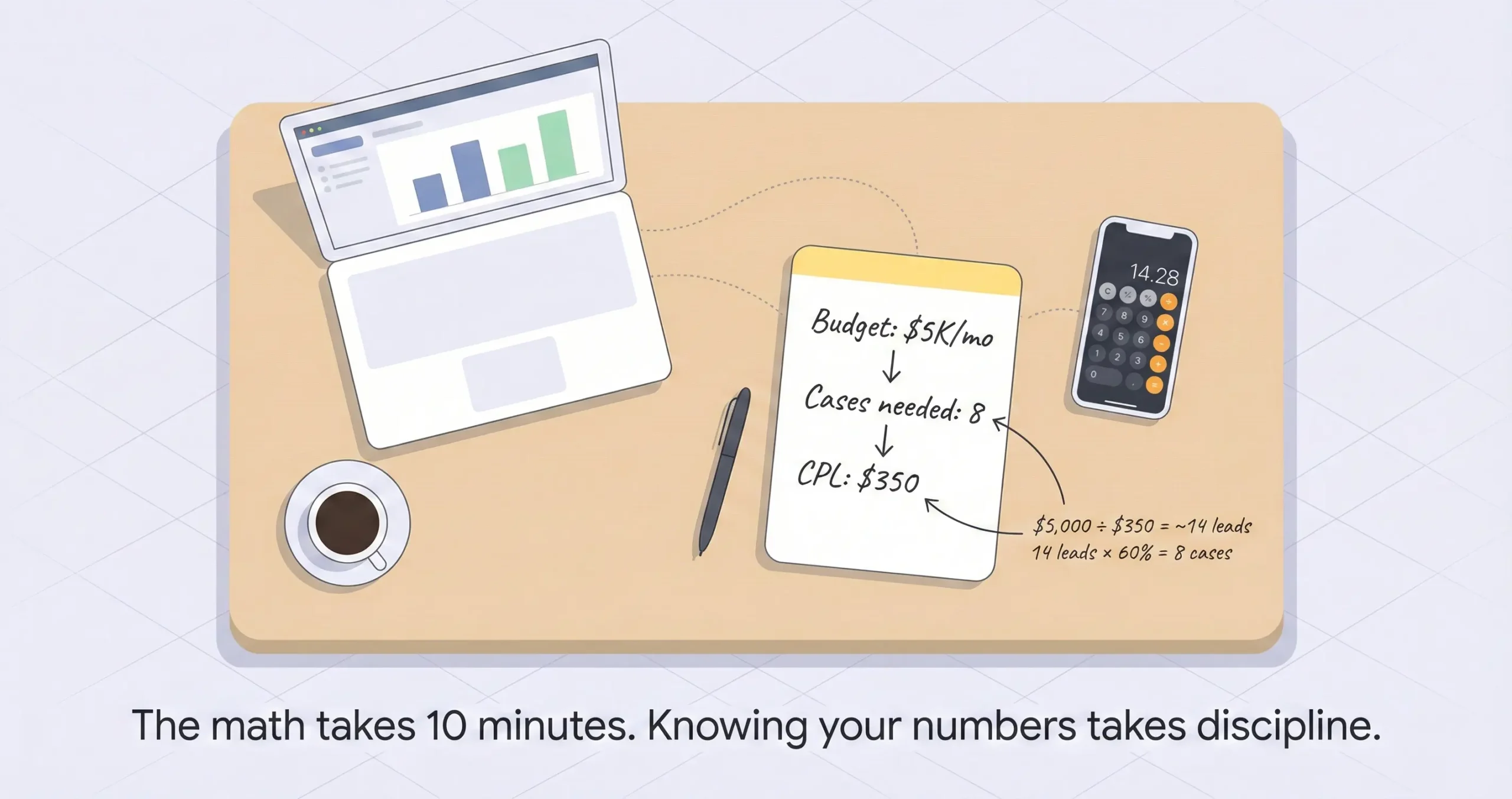 Overhead photo of attorney desk with laptop dashboard, phone calculator, and handwritten marketing budget calculations on legal pad showing cost per lead and cases needed.