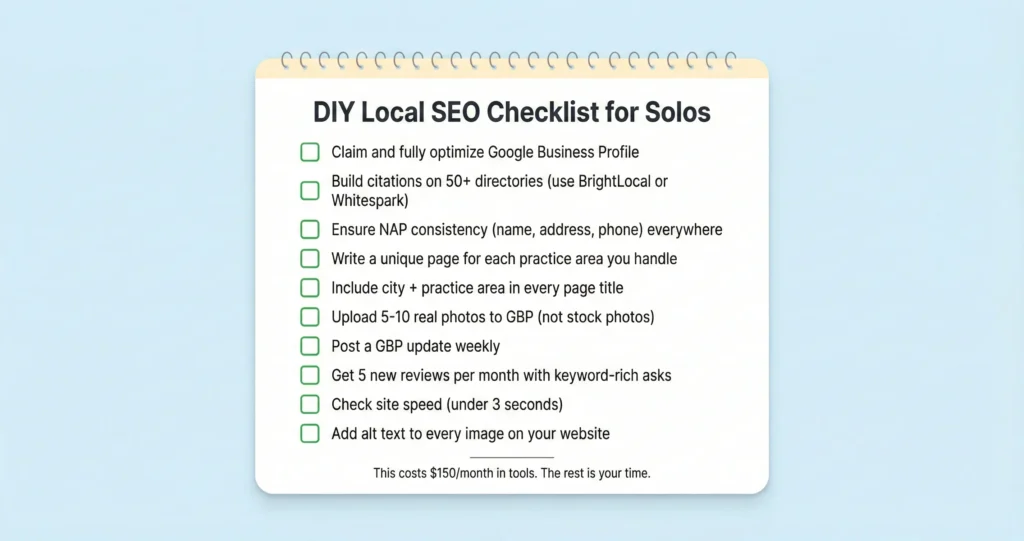  DIY local SEO checklist for solo attorneys showing ten specific tasks to improve local search rankings including citation building, Google Business Profile optimization, and on-page SEO basics.