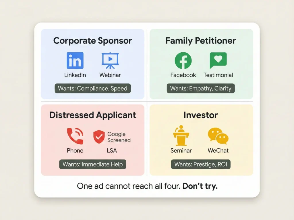 Four-quadrant grid showing four distinct immigration law client personas with their psychological drivers and preferred marketing channels.
