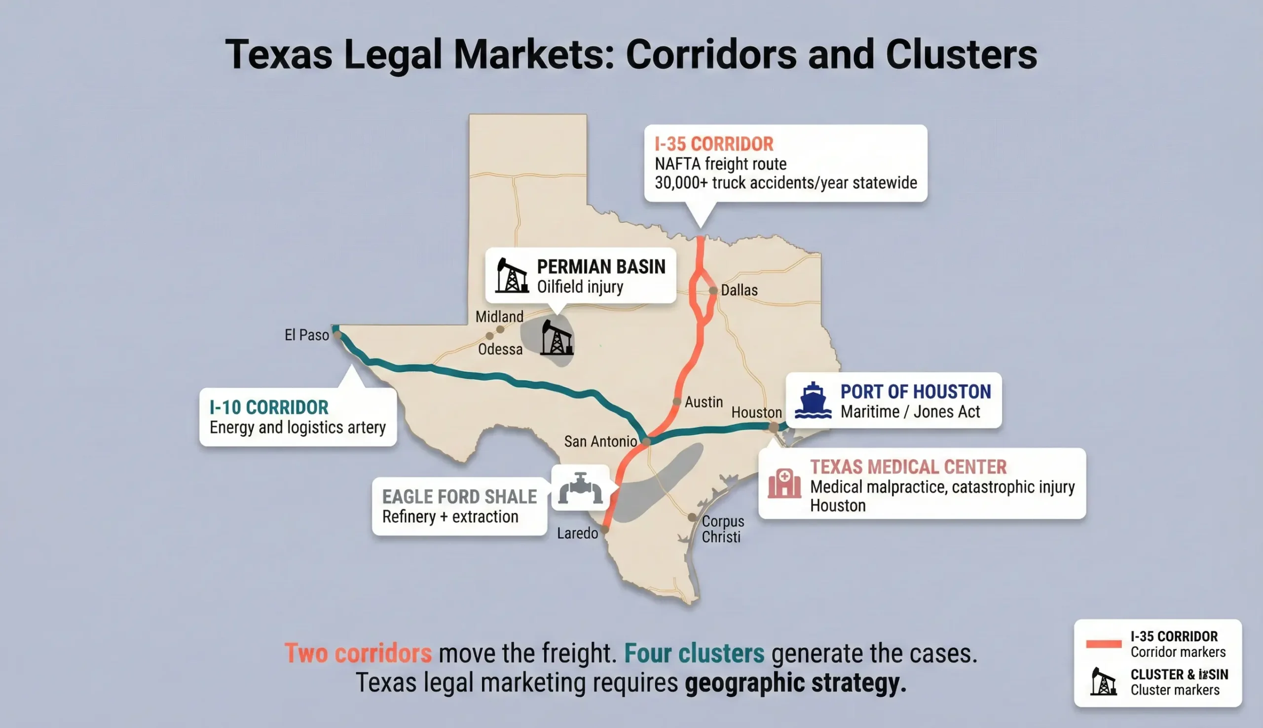 Texas state map showing two major highway corridors — the I-35 corridor in coral running from Laredo through San Antonio, Austin, and Dallas labeled as the NAFTA freight route with 30,000+ truck accidents per year statewide, and the I-10 corridor in teal running from Houston through San Antonio to West Texas labeled as the energy and logistics artery — plus four industry cluster markers with icons indicating the Permian Basin for oilfield injury, Eagle Ford Shale for refinery and extraction cases, Port of Houston for maritime and Jones Act cases, and Texas Medical Center for medical malpractice and catastrophic injury.