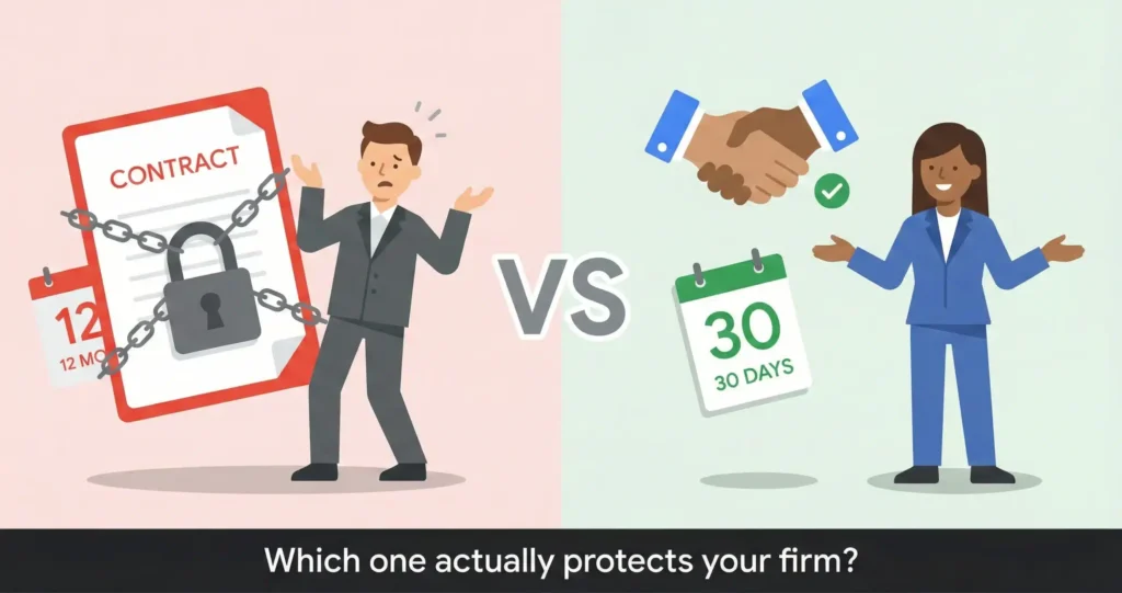 Split illustration comparing a locked long-term marketing contract represented by a frustrated person with a padlocked document and chains versus a happy professional with a handshake agreement and 30-day calendar representing flexibility and accountability.