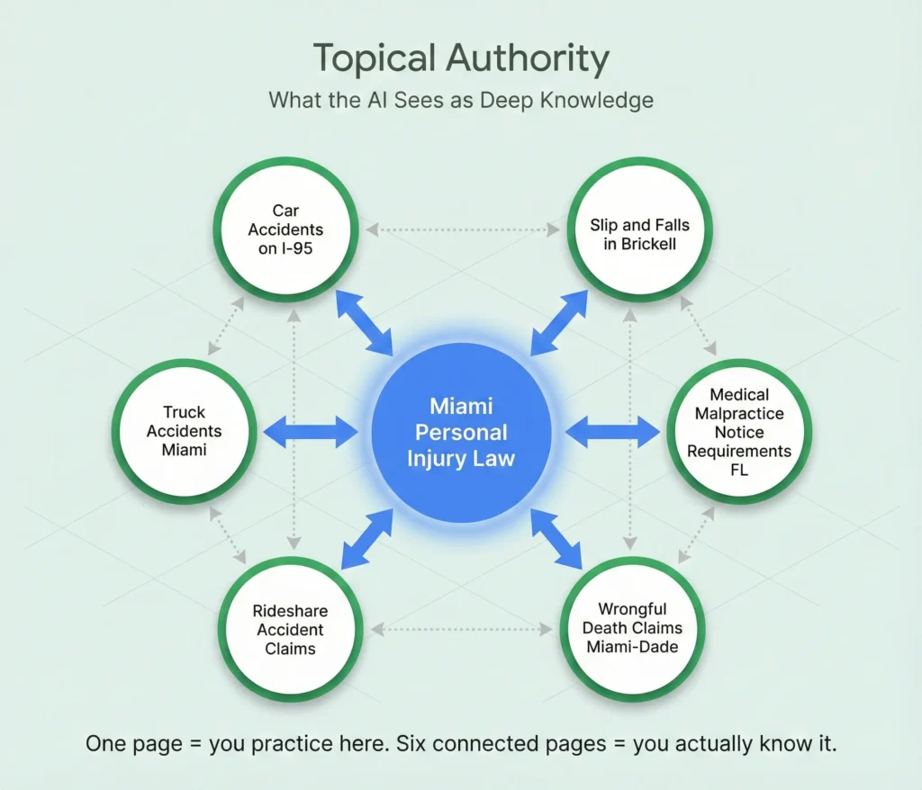Content cluster diagram showing a Miami personal injury pillar page connected to six specific topic pages demonstrating the topical authority structure that AI search engines reward.