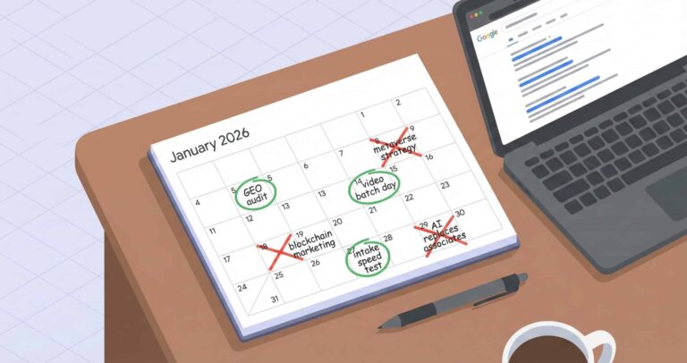 January 2026 desk calendar with handwritten legal marketing priorities showing tasks circled in green and hype items crossed out in red next to a laptop with Google search results.