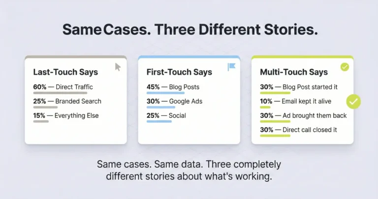 Whiteboard showing three attribution models reporting different credit distribution for the same law firm cases, illustrating how the model you choose determines which channels appear to work.