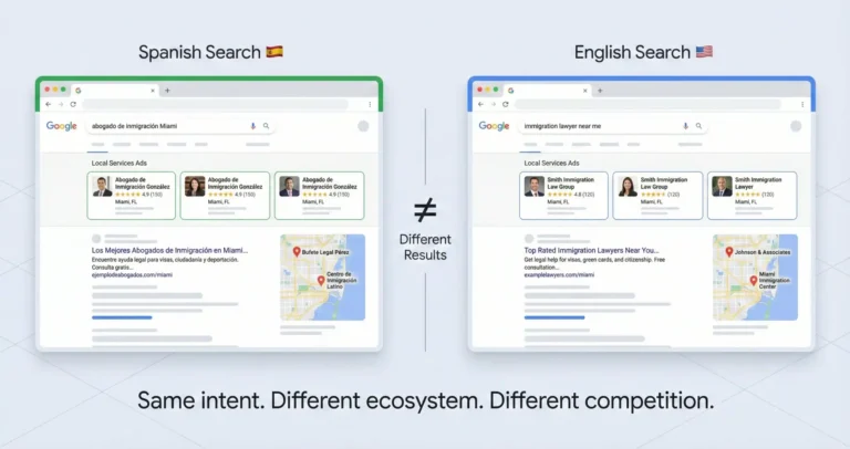 ide-by-side laptop screens showing Google search results for immigration lawyer queries in Spanish and English demonstrating two separate search ecosystems.