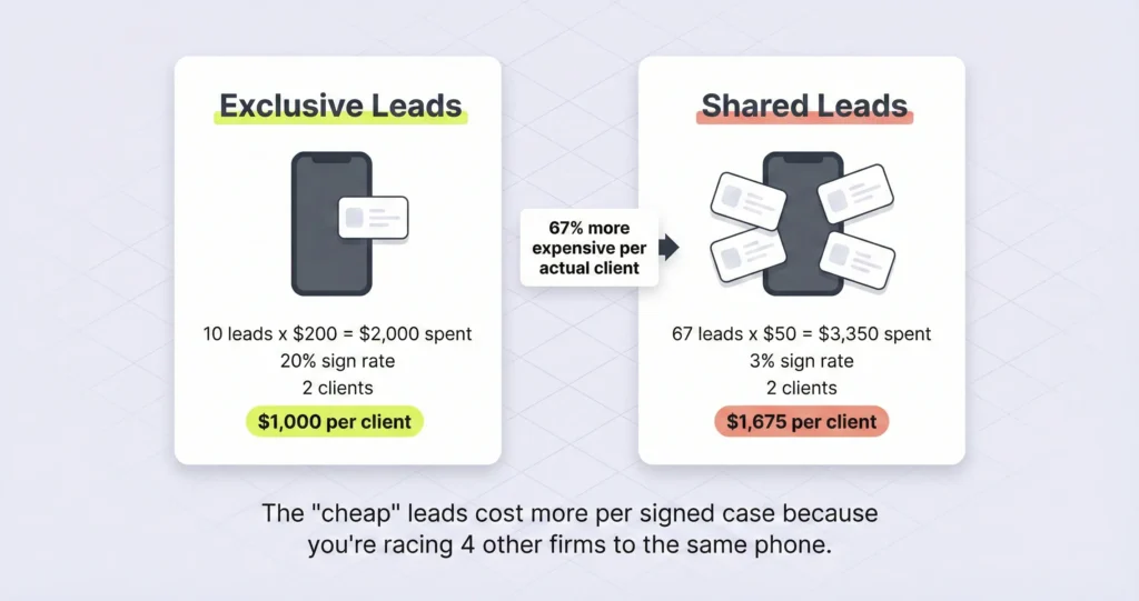 Side-by-side comparison of exclusive versus shared legal lead economics showing exclusive leads at $1,000 per client versus shared leads at $1,675 per client despite lower individual lead cost.