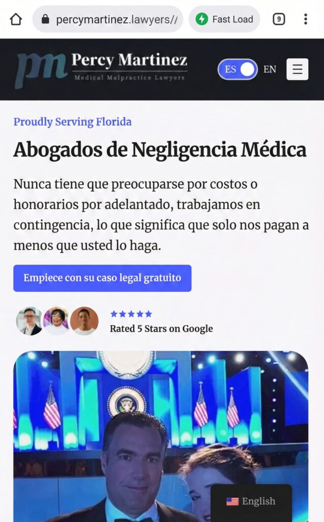 Percy Martinez law firm website mobile view with Spanish language option.