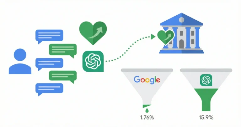 A split-panel illustration showing a 'Conversation Depth Meter'. On the left, a 'Cold Visitor' with a question mark uses a Google search bar for 'lawyer near me', resulting in a 1.76% conversion rate in the red 'Shallow Zone'. On the right, a 'Warm Lead' engages in a multi-turn chat with an AI about legal advice, resulting in a 15.9% conversion rate in the green 'Deep Zone'. An arrow points from the deep conversation to a 'Ready to Hire' badge.