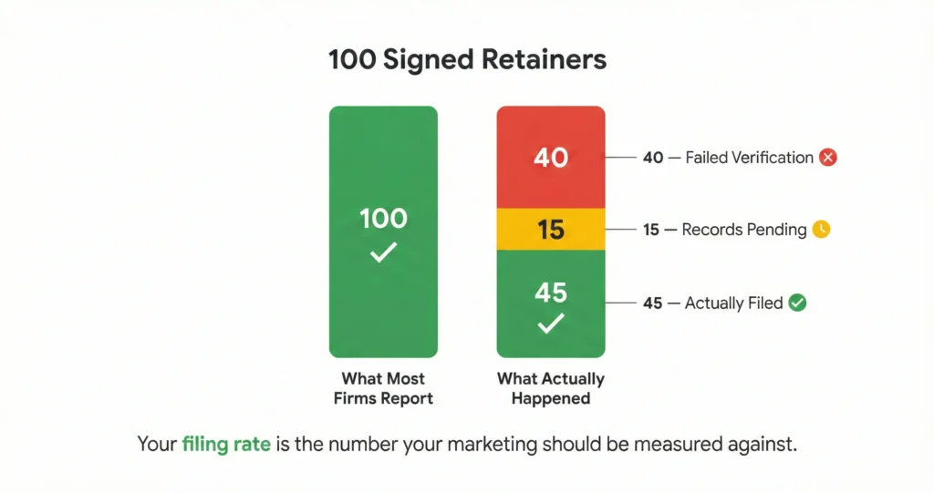 Two vertical bars comparing mass tort reporting metrics — left bar shows 100 signed retainers as a solid green success metric that most firms report, while right bar breaks the same 100 into three segments showing 40 cases (red) that failed verification, 15 cases (yellow) with records pending, and only 45 cases (green) actually filed in court, revealing the true filing rate that marketing should be measured against.