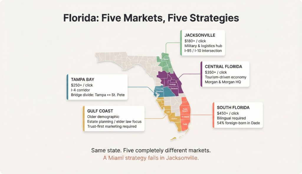 Florida state map divided into five color-coded legal marketing regions — South Florida in coral showing $450+ per click with bilingual requirements and 54% foreign-born population, Central Florida in purple showing $350+ per click as a tourism-driven market with Morgan & Morgan headquarters, Tampa Bay in teal showing $250+ per click along the I-4 corridor, Jacksonville in green showing $180+ per click as a military and logistics hub, and Gulf Coast in gold highlighting an older demographic requiring estate planning and trust-first marketing approaches.