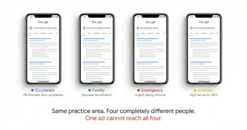 Four modern smartphones displayed side by side on white background, each showing a different Google search query — "H-1B visa attorney for tech company," "how to bring my husband to the US," "deportation lawyer near me," and "EB-5 investor visa requirements" — with colored category labels below identifying Corporate, Family, Emergency, and Investor client types, illustrating that one ad cannot reach all four distinct audiences in immigration law marketing.