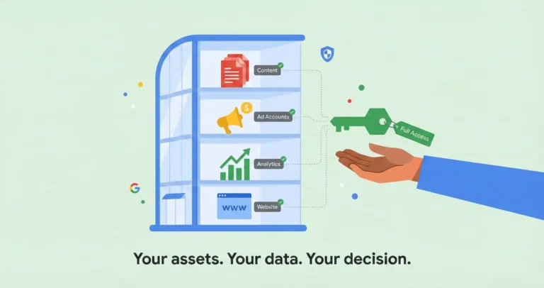 : Illustration of a transparent law firm building showing owned digital marketing assets inside with a key representing full access and ownership being offered to the firm.
