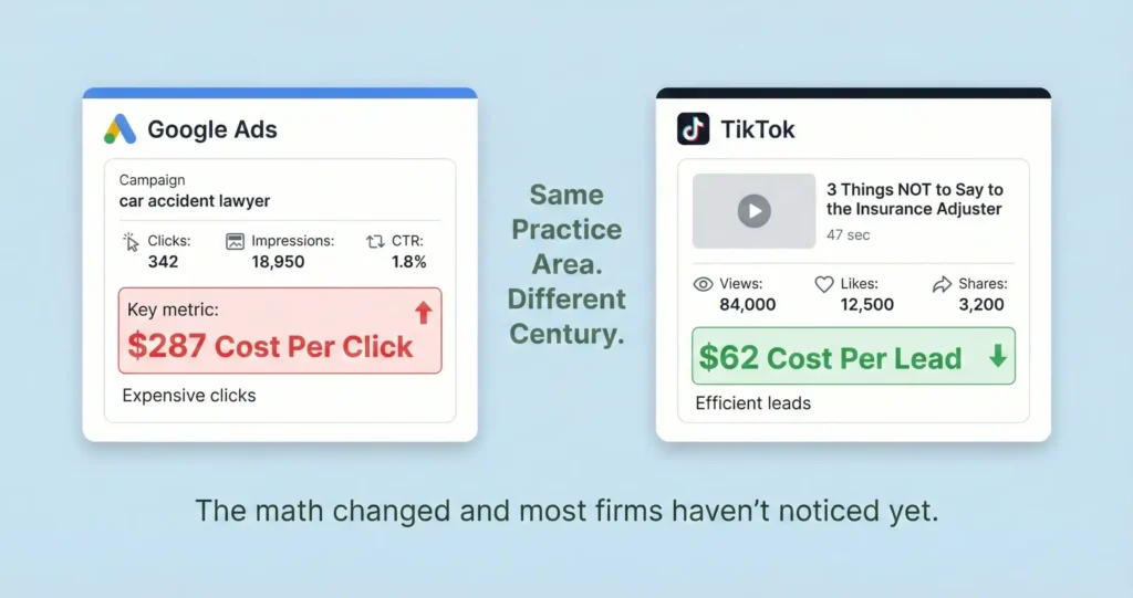 Split-screen comparison showing Google Ads cost per click of $287 for car accident lawyer keywords versus TikTok video generating 84,000 views at $62 cost per lead for the same practice area.